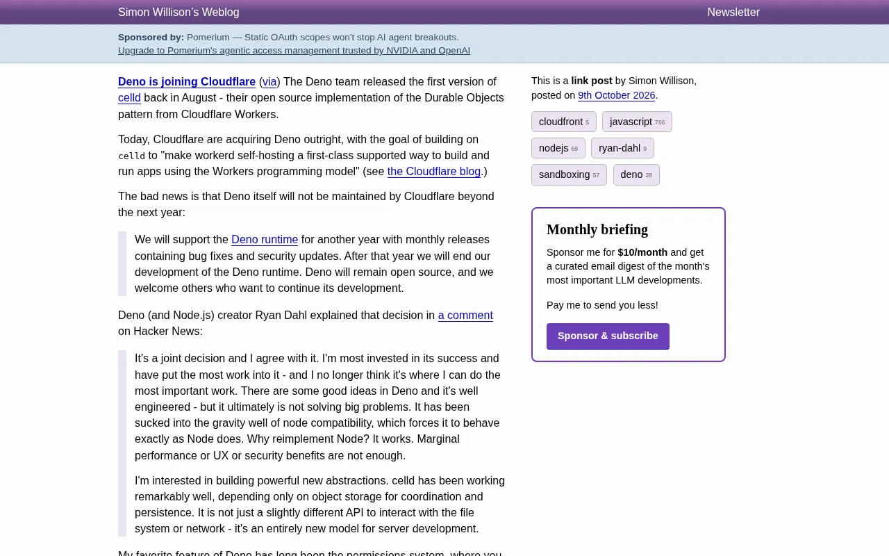 Deno Acquired by Cloudflare: Runtime Development Ends, Pivots to celld Architecture
