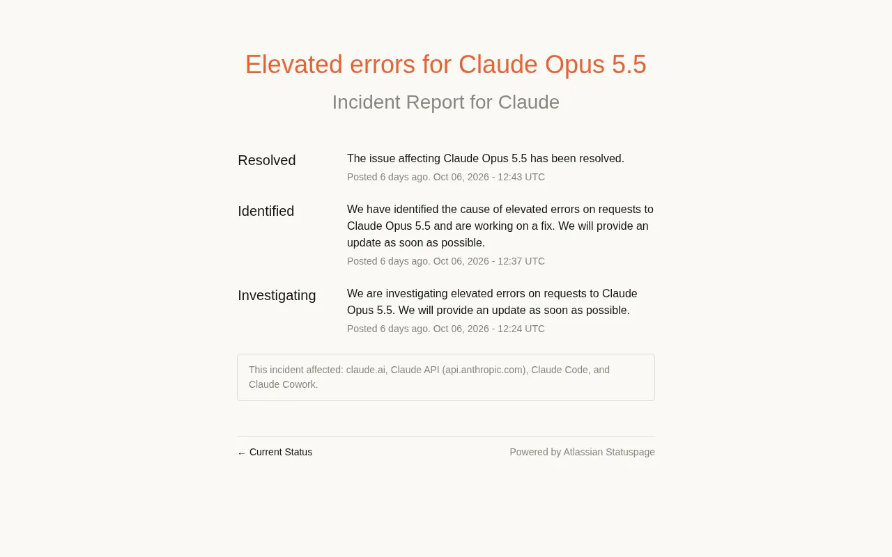 Claude Opus 5.5 error surge status page