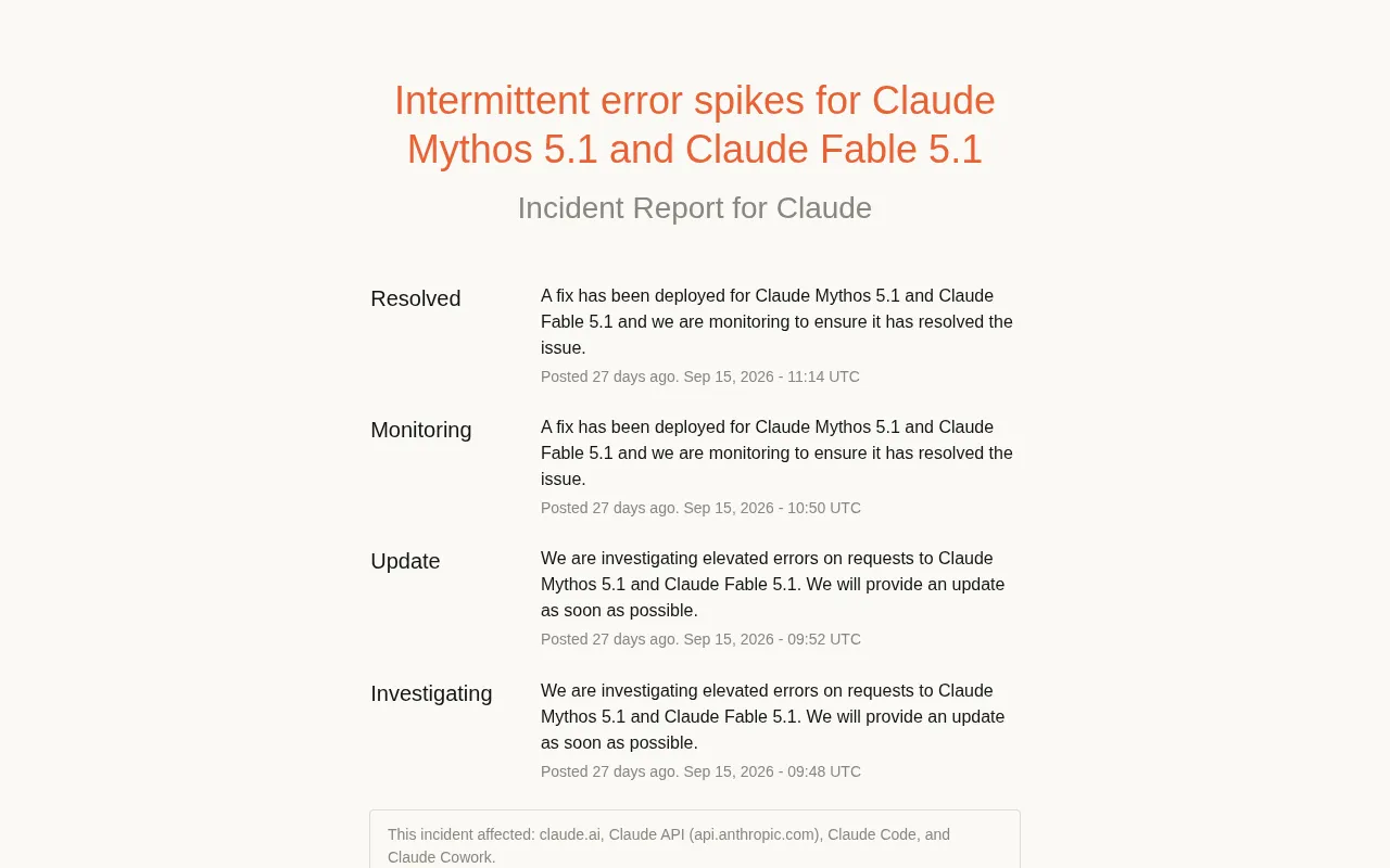 Claude Mythos 5.1 and Fable 5.1 Experience Intermittent Error Spikes