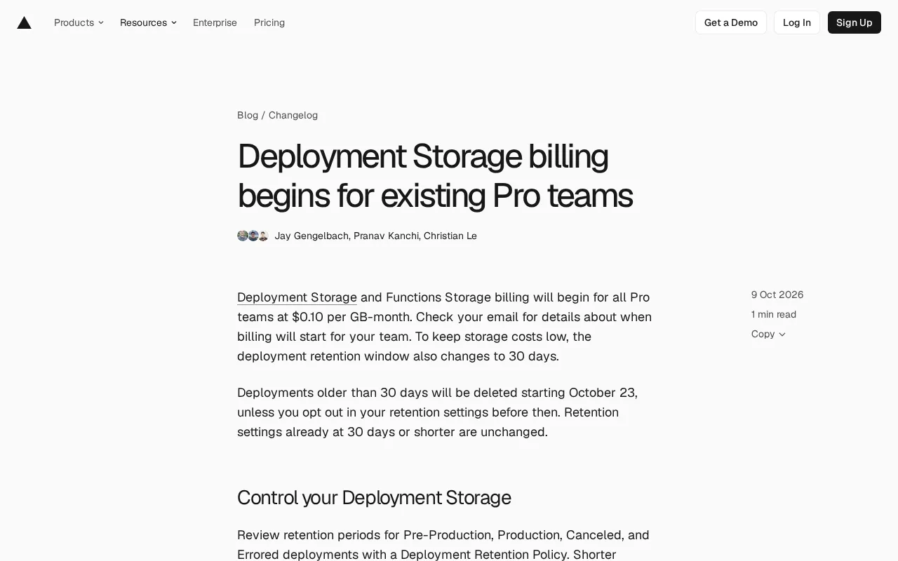 Vercel Pro Teams to Be Charged for Deployment Storage: $0.10 per GB/Month
