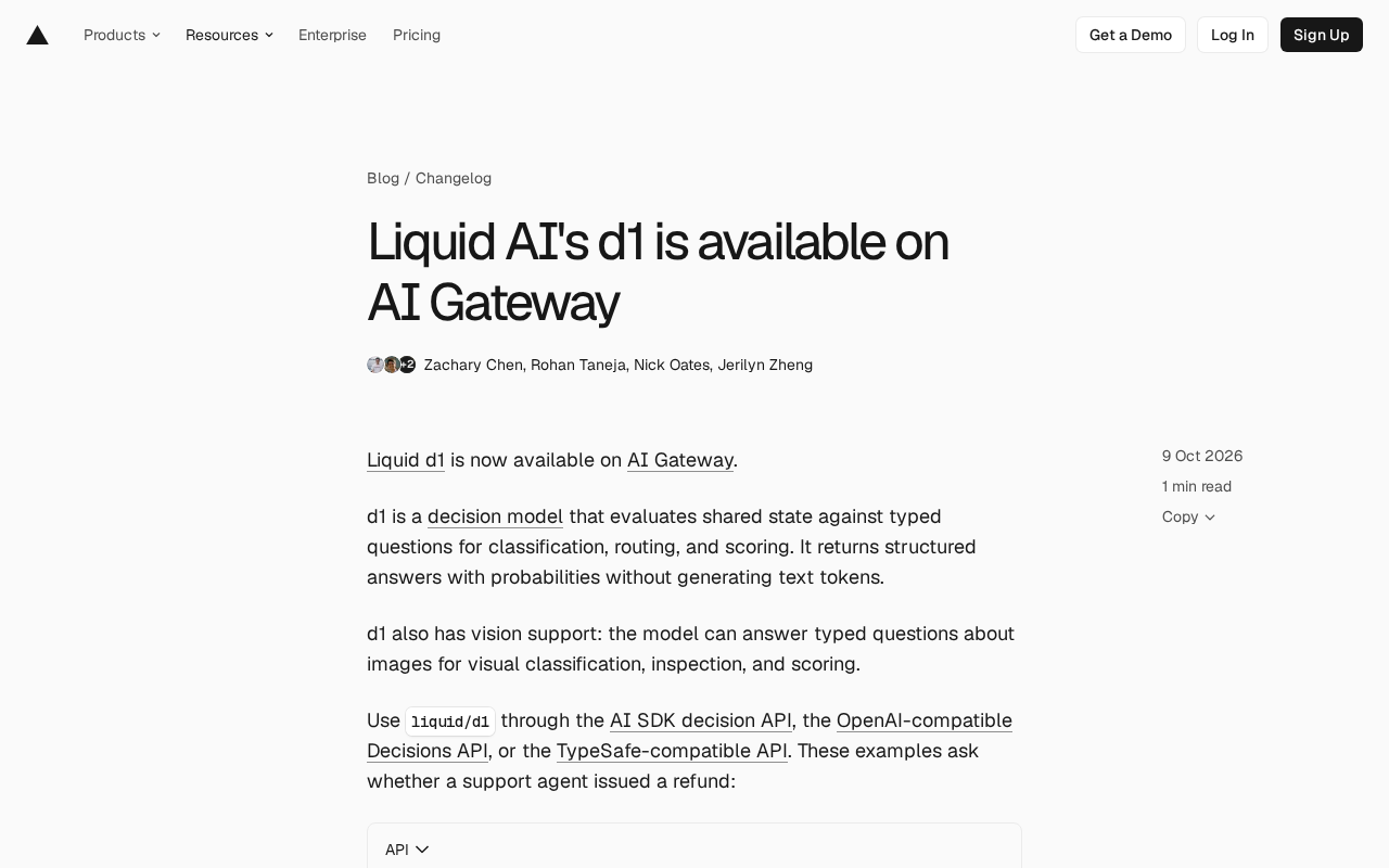 Liquid AI d1 决策模型上线 AI Gateway:不生成文本,直接输出结构化答案