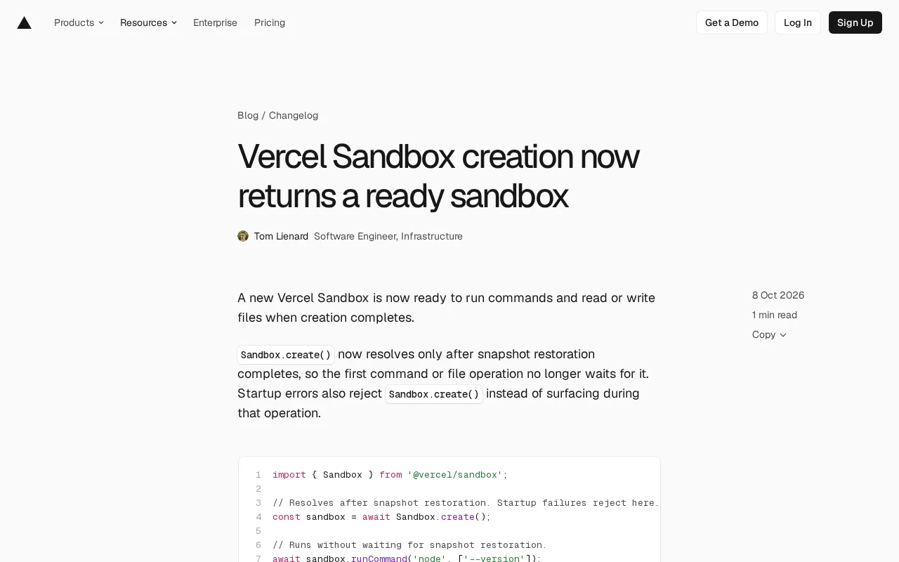 Vercel Sandbox Now Returns a Ready Instance Upon Creation, First Command No Longer Waits