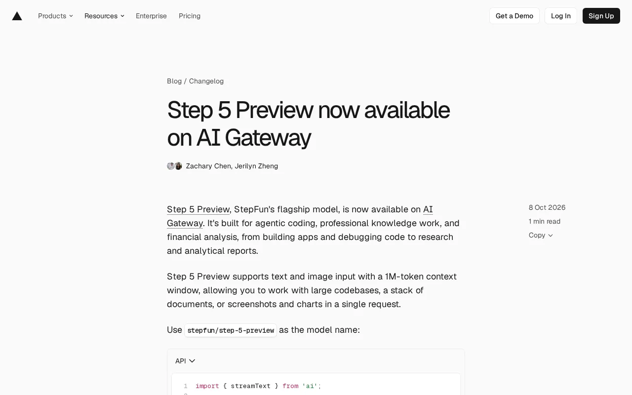 StepFun's Step 5 Preview Launches on AI Gateway with 1M Token Context Support