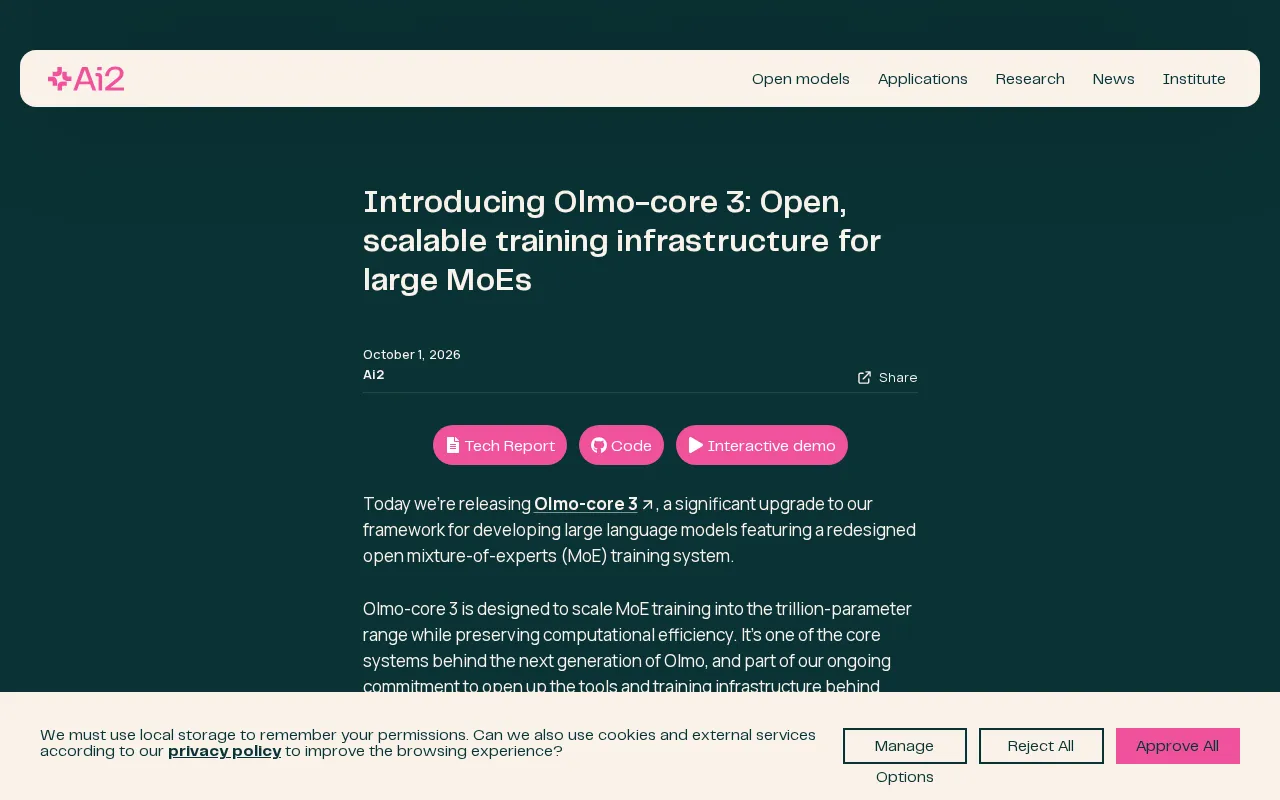 Olmo-core 3 Released: An Open-Source, Scalable Training Framework for Large-Scale MoE Models