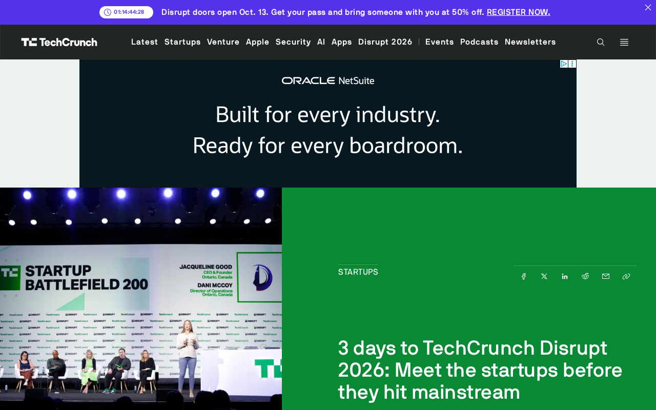 TechCrunch Disrupt 2026倒计时3天:300+初创公司齐聚旧金山