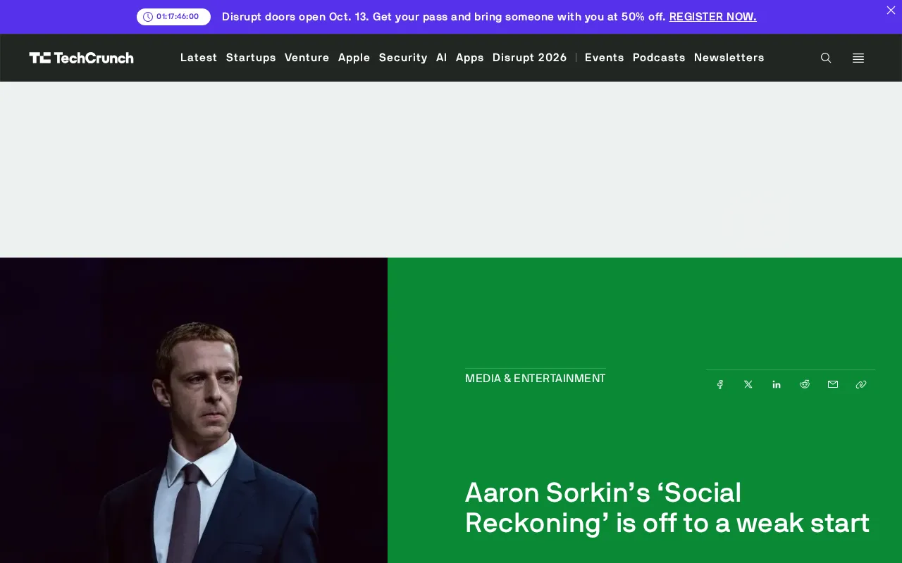 rss source: Aaron Sorkin's 'Social Reckoning' is off to a weak start