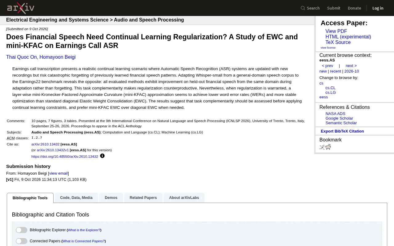 Does Financial Speech ASR Need Continual Learning Regularization? An Empirical Study of EWC and mini-KFAC