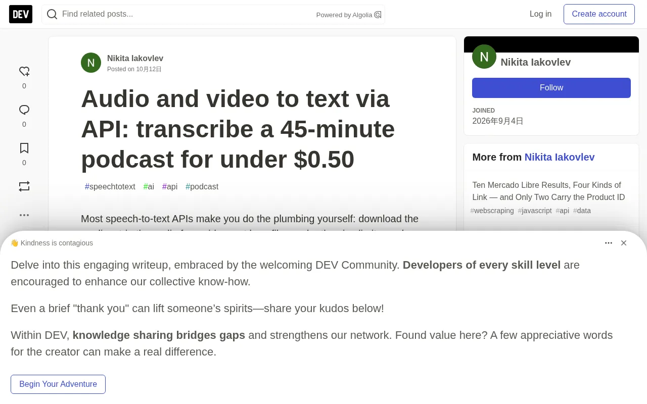Transcribing Audio and Video via API: Under $0.50 for a 45-Minute Podcast