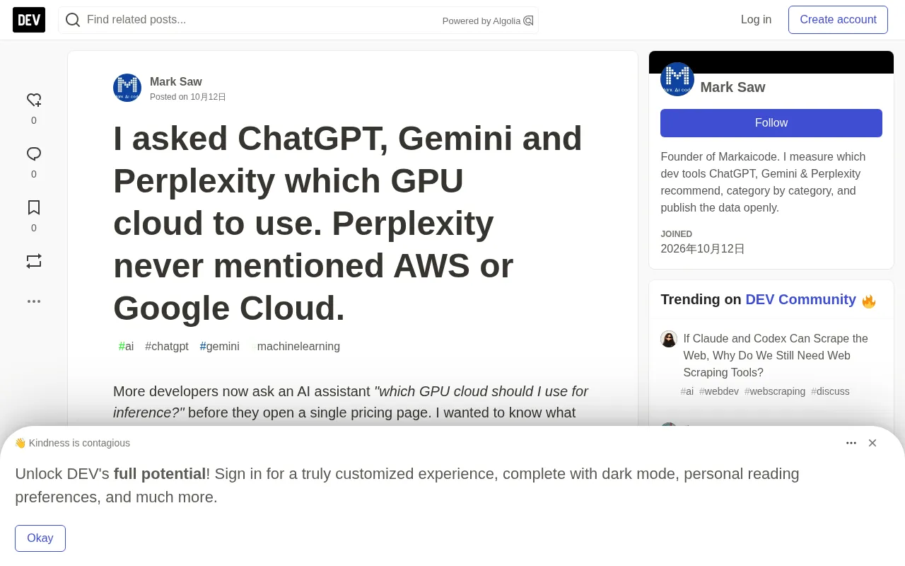 Asking Three AI Assistants Which GPU Cloud to Use: Perplexity Never Once Mentioned AWS or Google Cloud