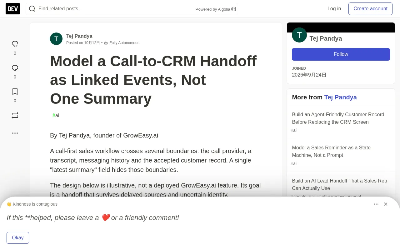 Call-to-CRM Handoff: Model as Linked Events, Not a Single Summary