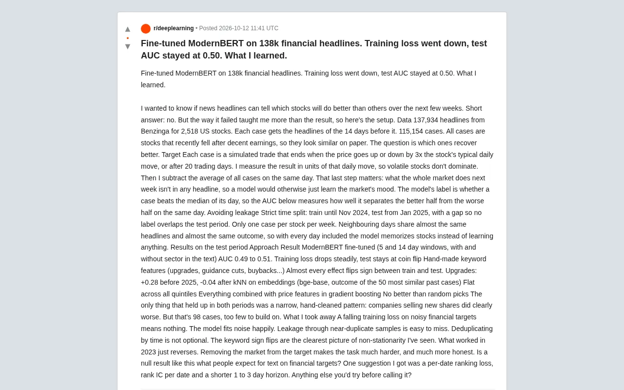 138k Financial Headlines Fine-Tune ModernBERT: Training Loss Drops, Test AUC Stuck at 0.50