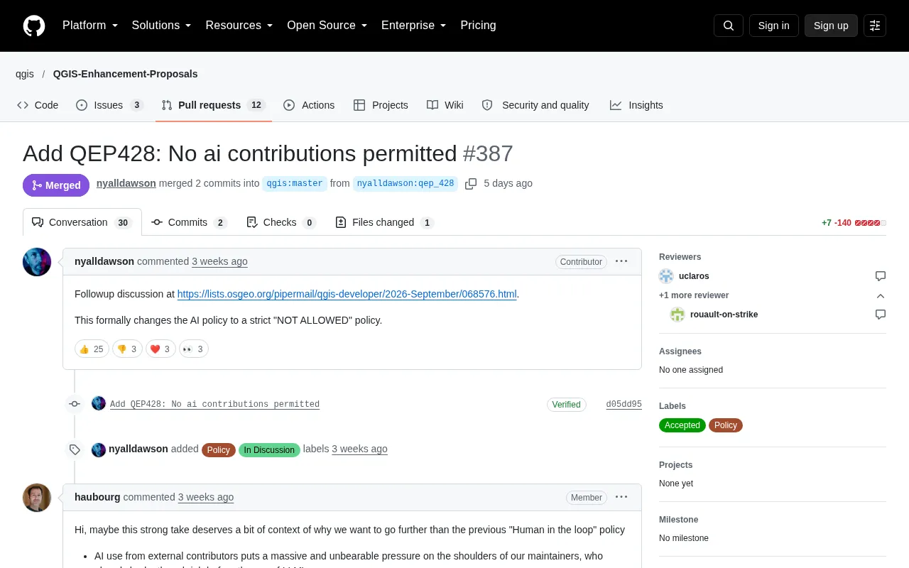 Screenshot of the news source about QGIS banning AI-assisted contributions