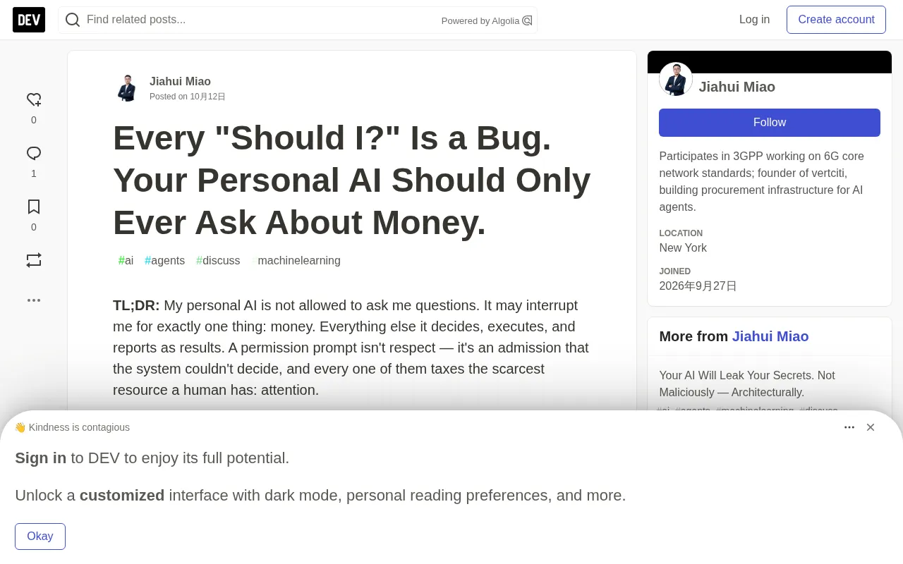 A Personal AI Shouldn't Ask "Should I?" — Only One Question: Money