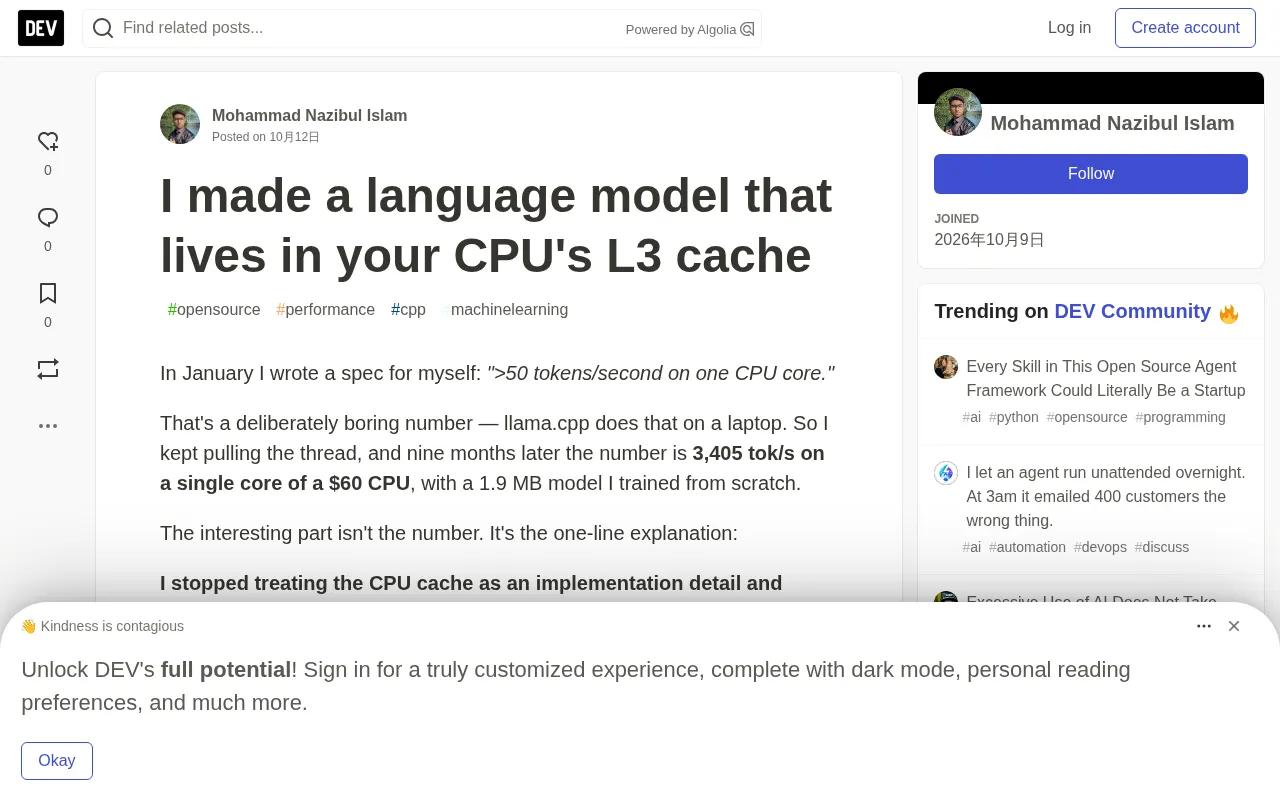 MIT Author Builds a 2MB Model That Fits in CPU L3 Cache, Hits 3405 tok/s on a Single Core