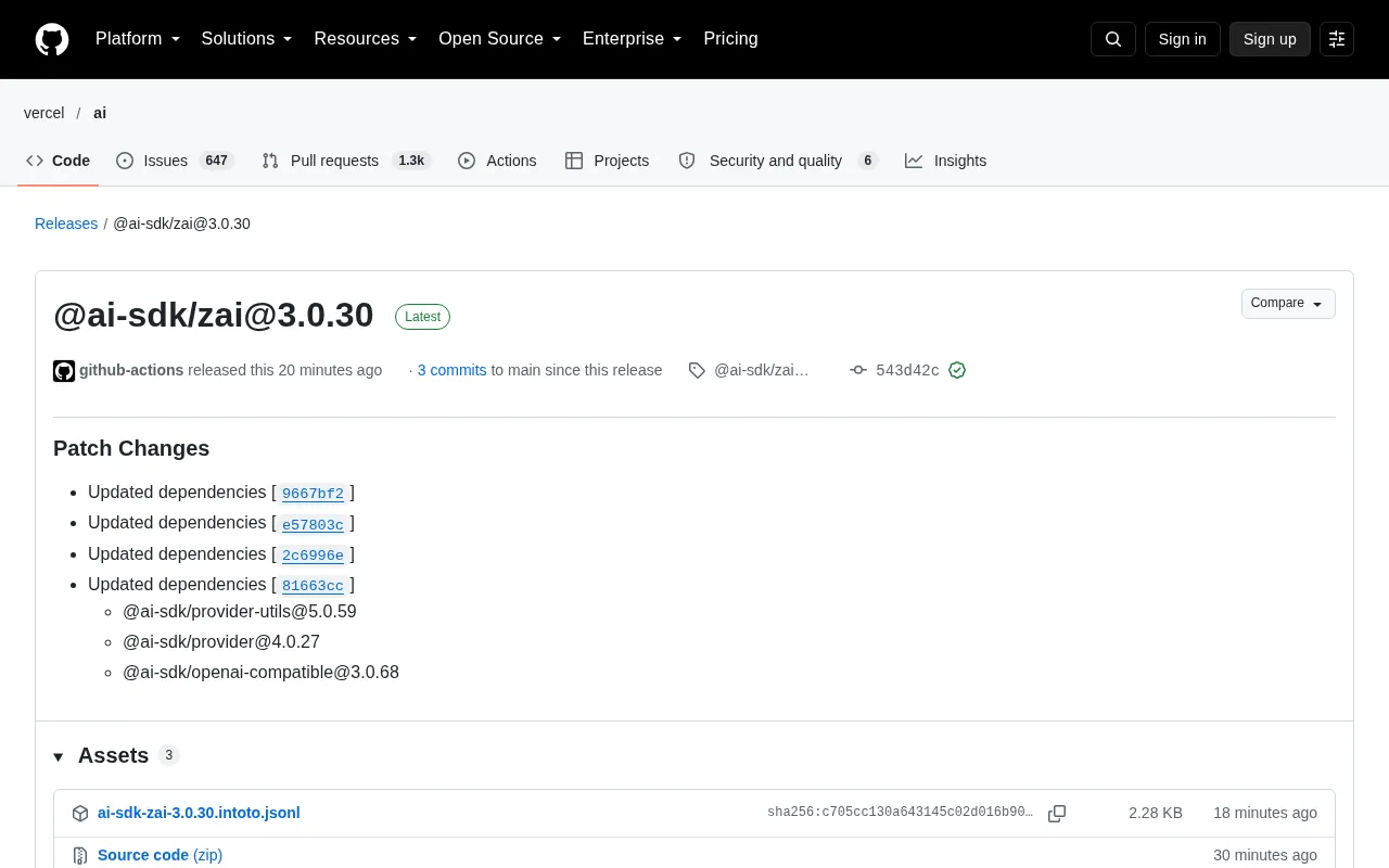 @ai-sdk/zai 3.0.30 Update: Patch Upgrade Across the Dependency Chain