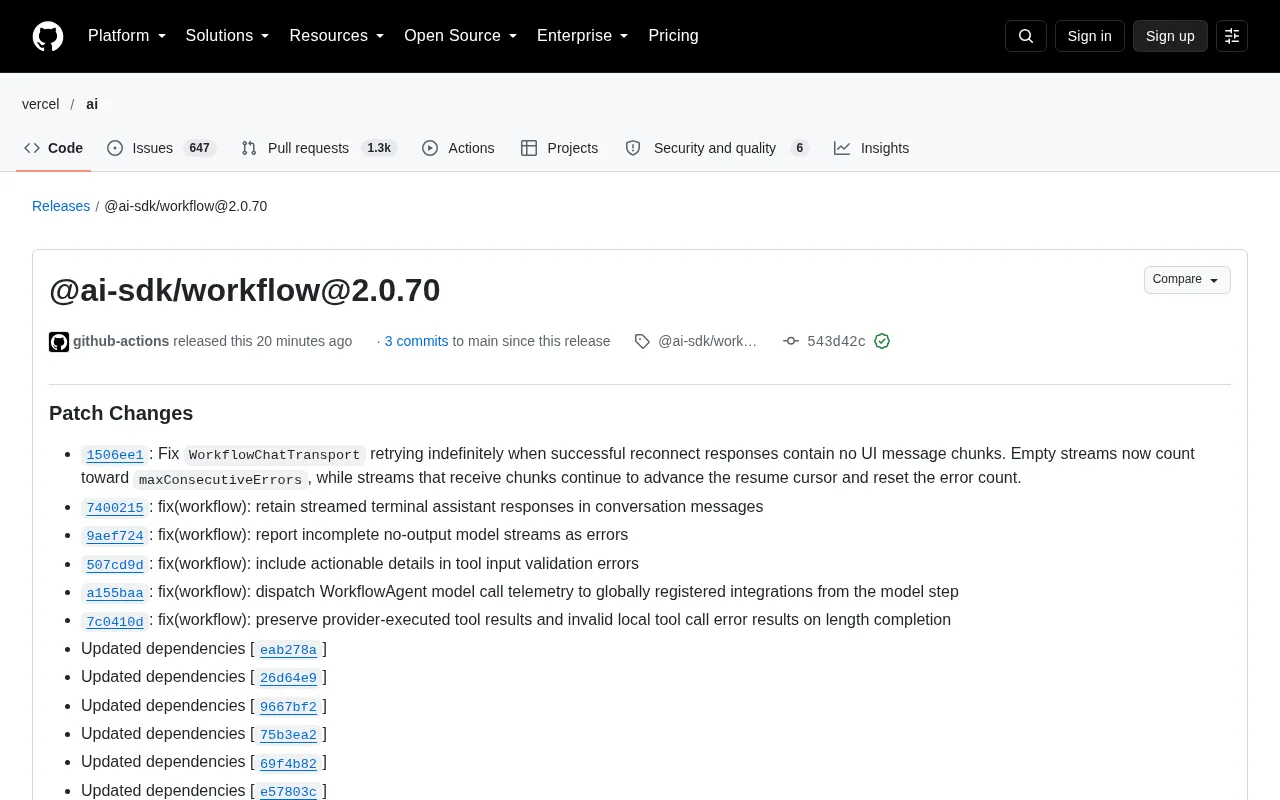 AI SDK Workflow 2.0.70 Released: Fixes Streaming Reconnection and Terminal Response Loss