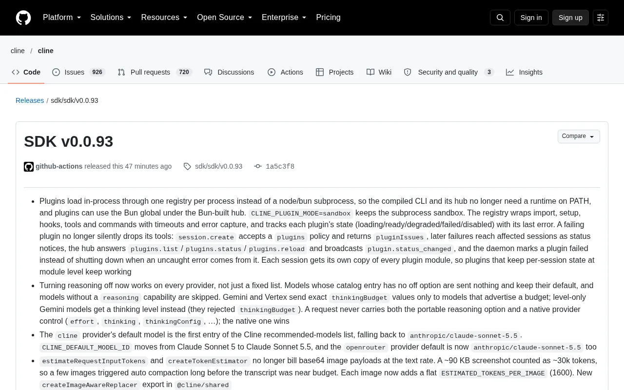 Cline SDK v0.0.93 Released: In-Process Plugin Loading and Reasoning Toggle Refactor