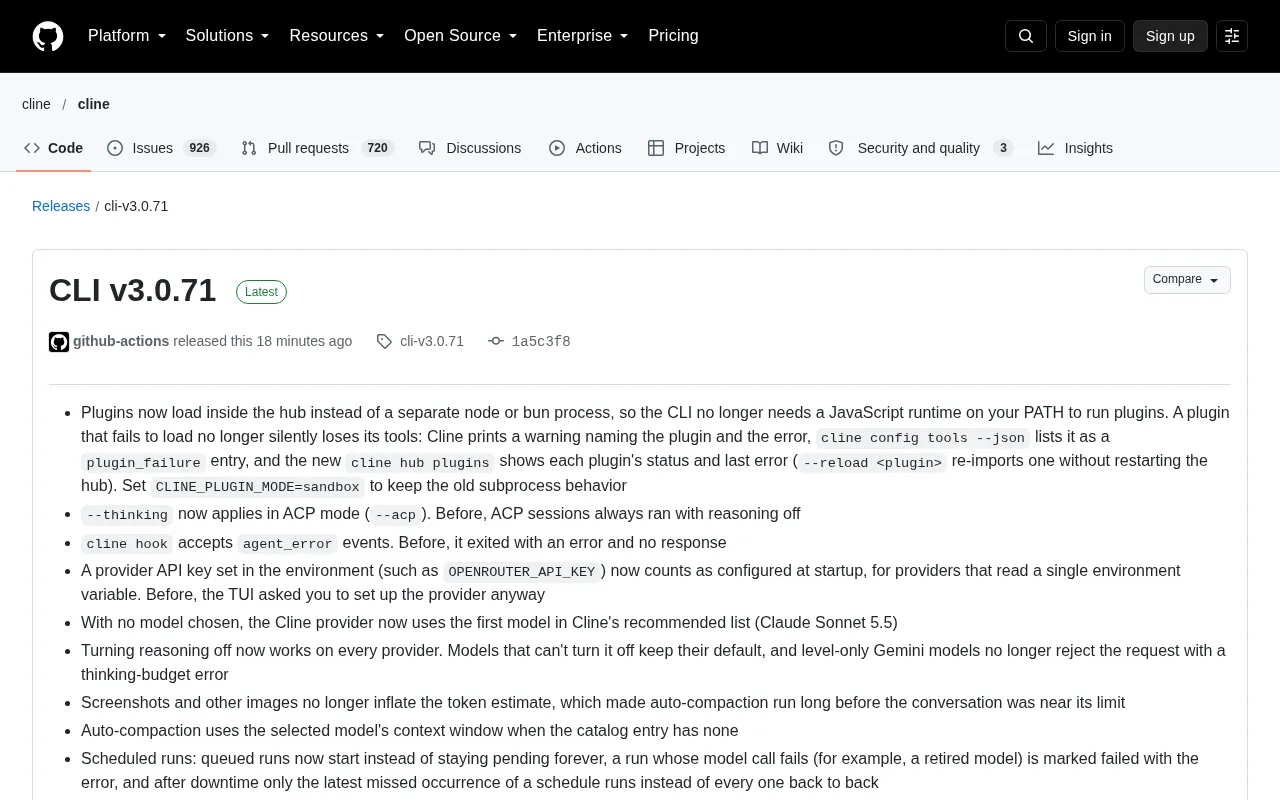 Cline CLI v3.0.71 Released: Plugins Now Load In-Process, No JS Runtime Required