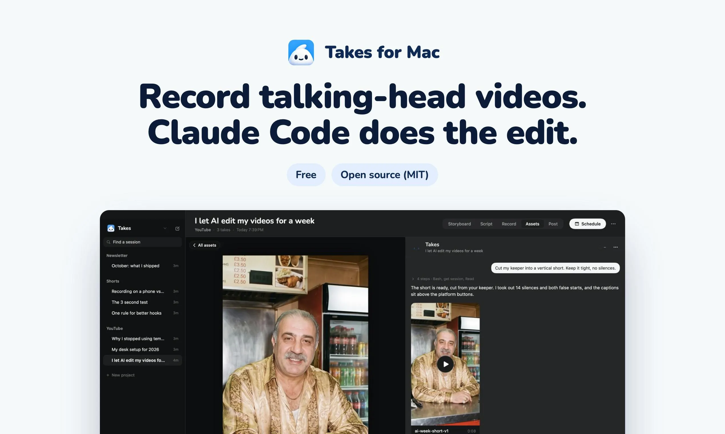 Takes for Mac: Record Talking-Head Videos, Let Claude Code Handle the Edit