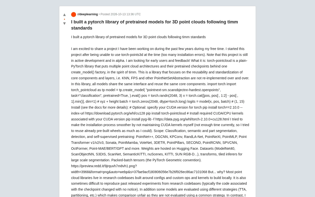 torch-pointcloud: A timm-style Pretrained Model Library for 3D Point Clouds