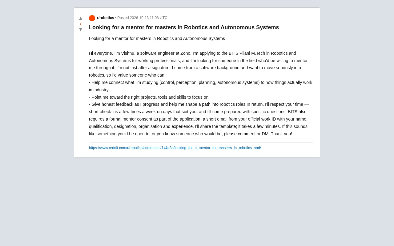 A Software Engineer's Path to a Robotics Master's: Seeking a Mentor