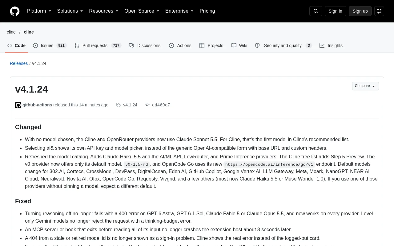 Cline v4.1.24 Update: Default Model Overhaul, AI Coding Plugin Says Goodbye to Errors