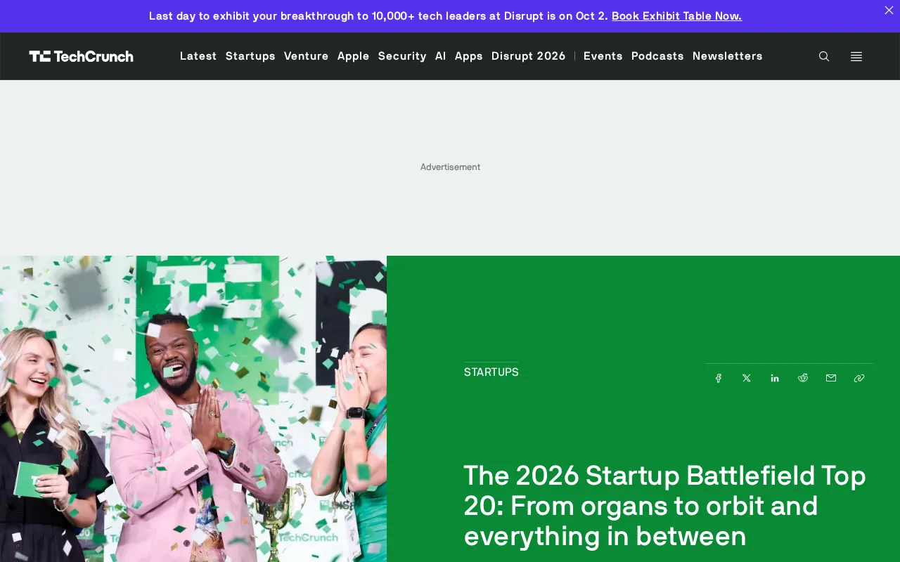TechCrunch 2026 Startup Battlefield Top 20 Revealed: From Organs to Orbit