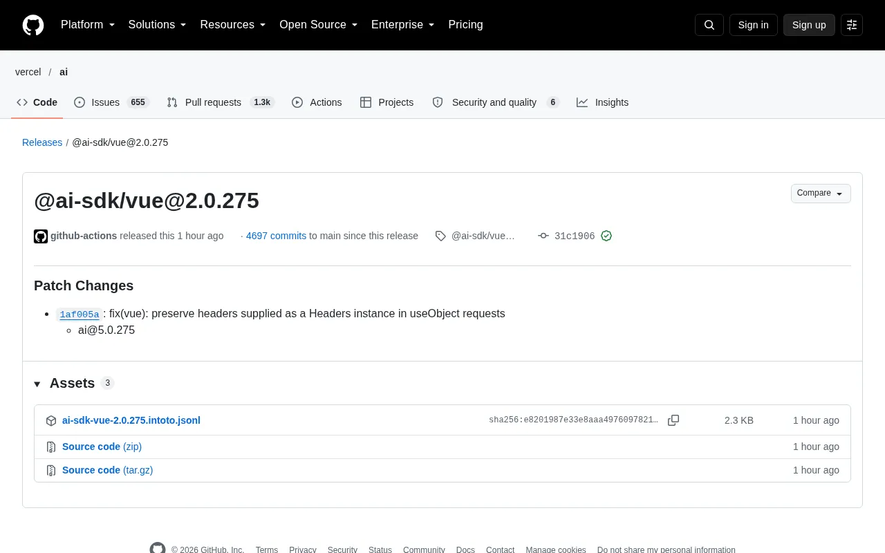 AI SDK Vue 2.0.275 Fixes useObject Request Header Loss Issue