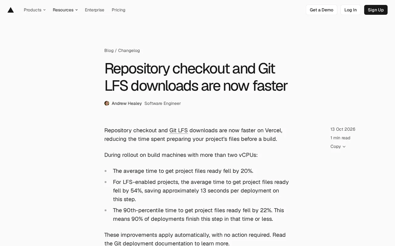 Vercel repository checkout and Git LFS download speedup announcement
