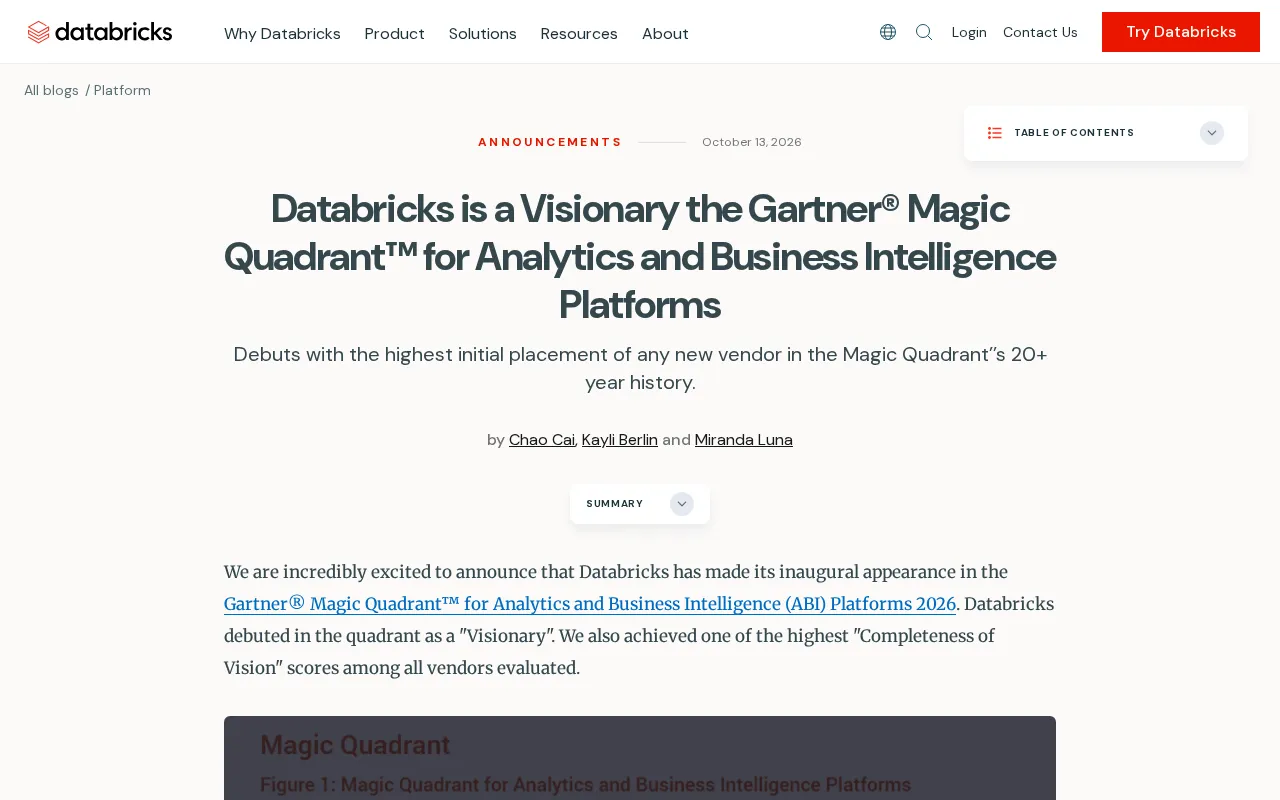 Databricks首次入选Gartner分析与BI平台魔力象限远见者
