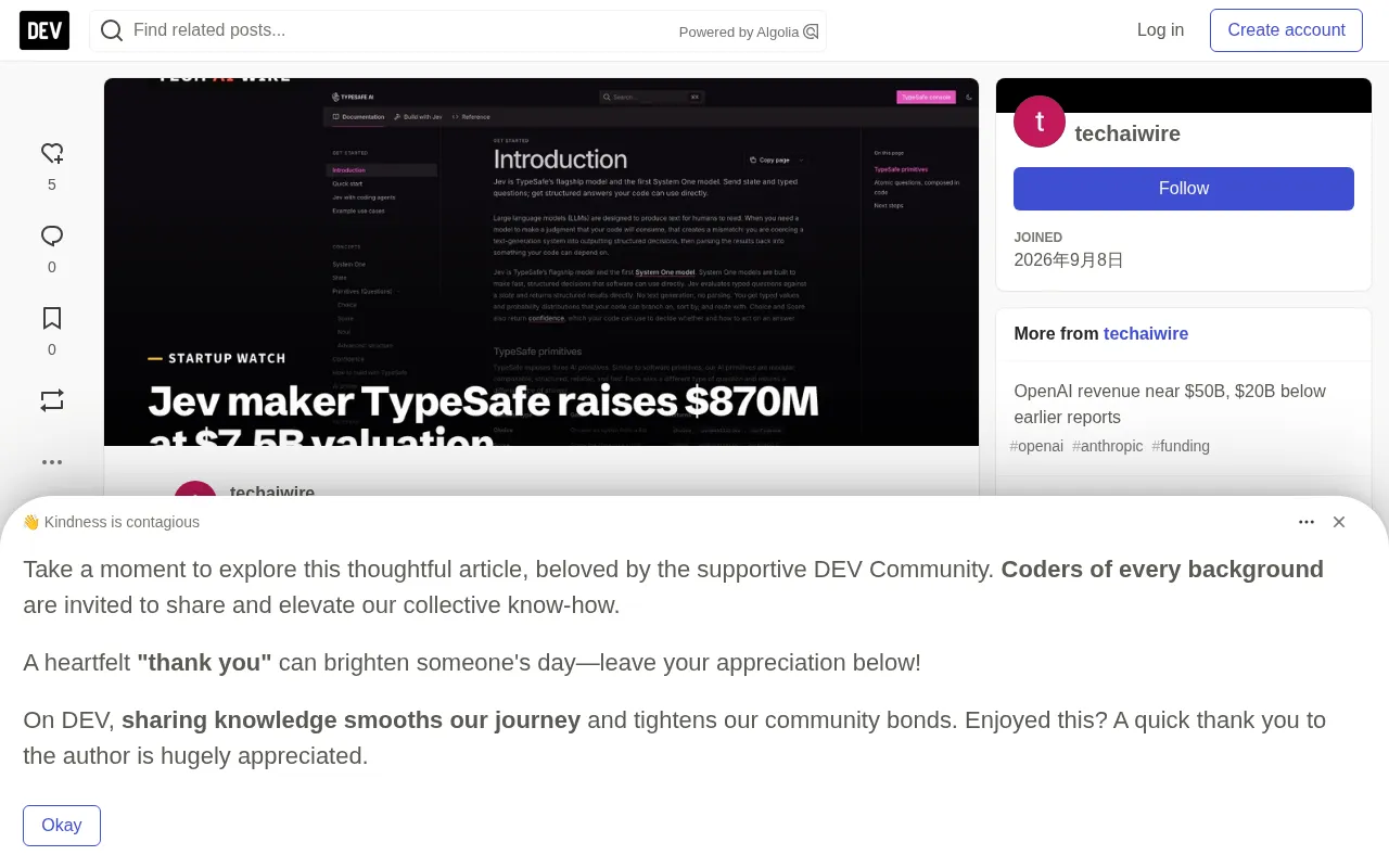 TypeSafe Raises $870M: Jev Model Valued at $7.5B, Seed to Series A in Just 24 Days