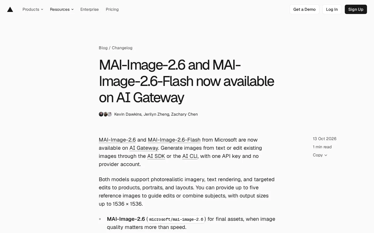 Microsoft MAI-Image-2.6 Dual Models Launch on AI Gateway, Supporting Image Generation and Editing