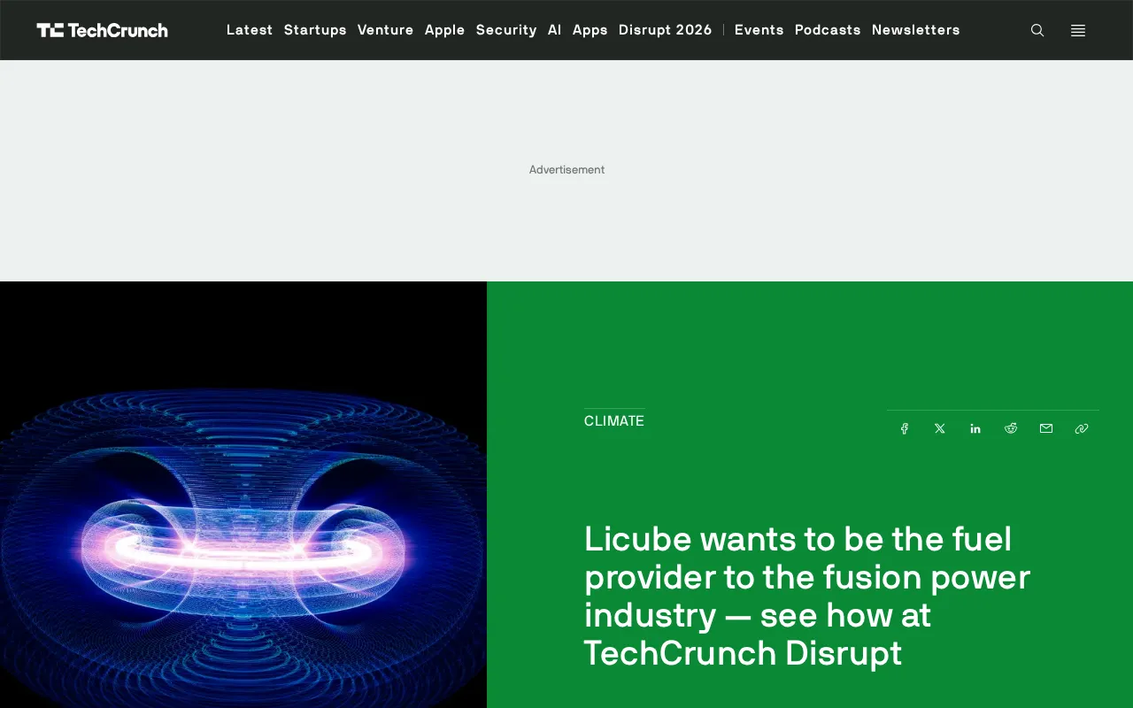 Licube Aims to Supply Lithium Fuel for the Fusion Industry, Set to Appear at TechCrunch Disrupt