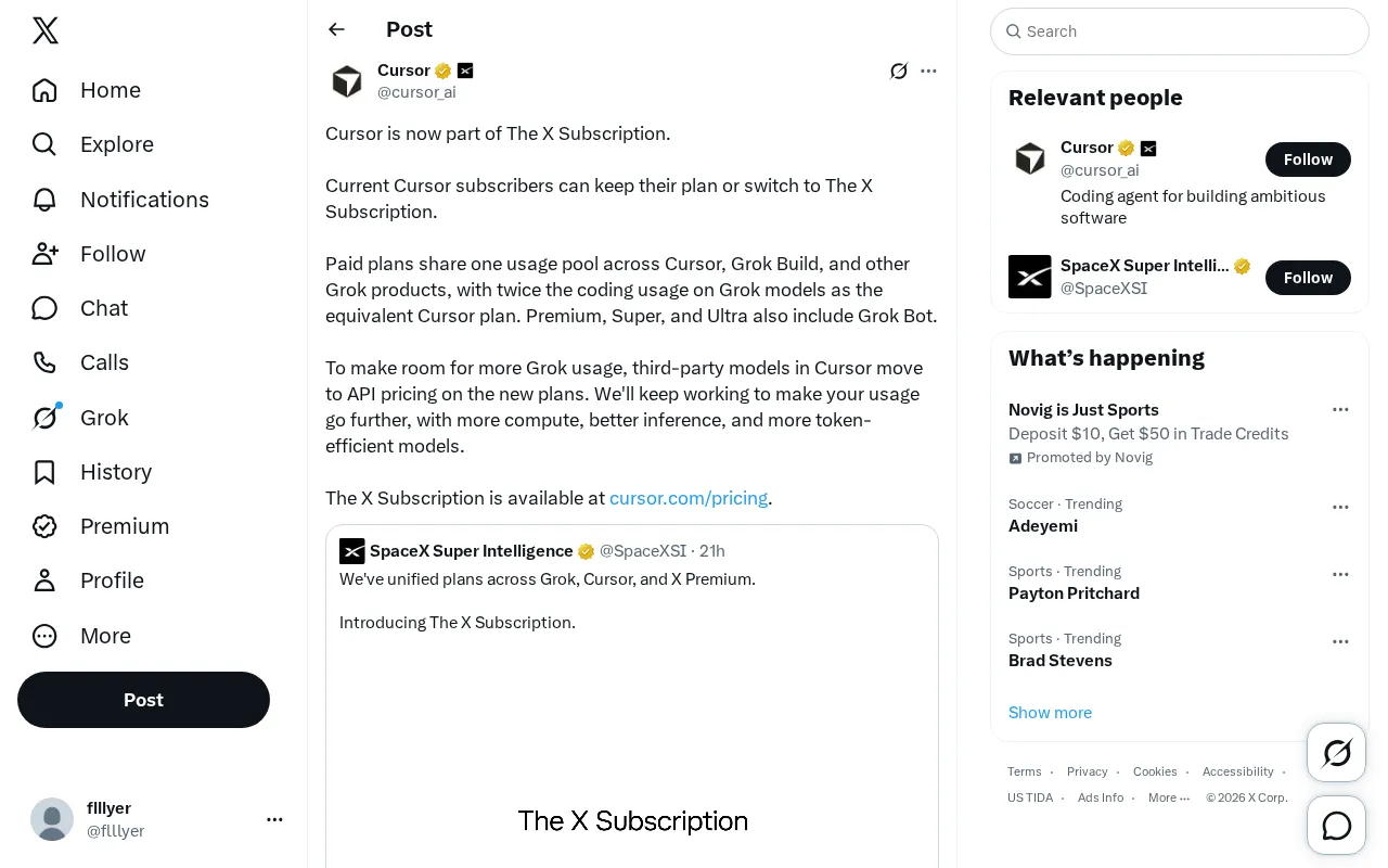 Cursor Merges Into X Subscription: Paid Plans Share Unified Usage Pool, Grok Model Coding Usage Doubled