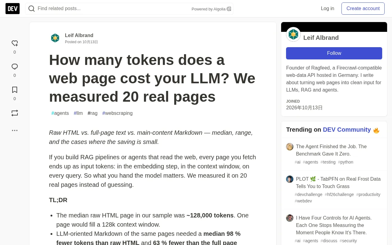 How Many Tokens Does It Cost to Feed a Webpage to an LLM? 20 Real Pages Tested
