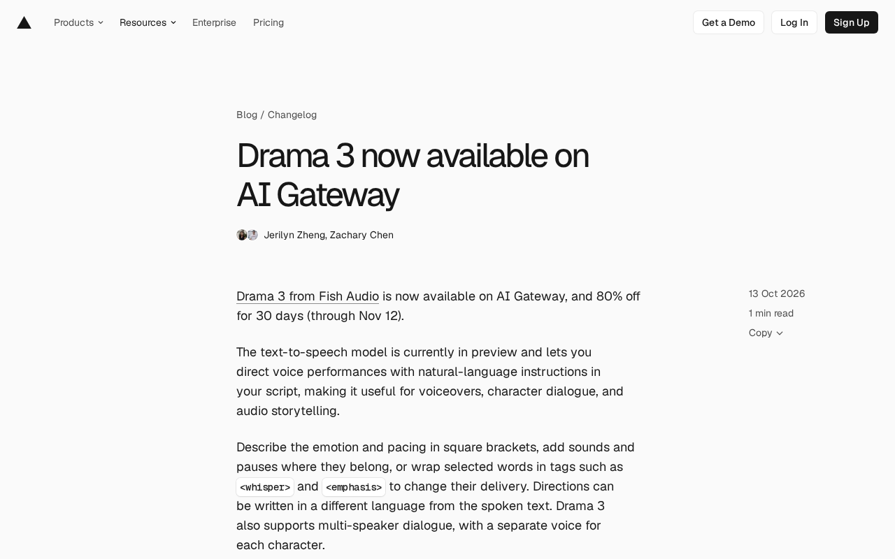 Fish Audio Drama 3 登陆 AI Gateway:用自然语言导演语音表演
