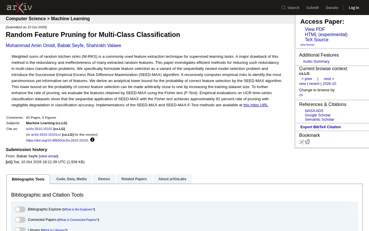 Random Feature Pruning: SEED-MAX Algorithm Achieves 92% Pruning Rate