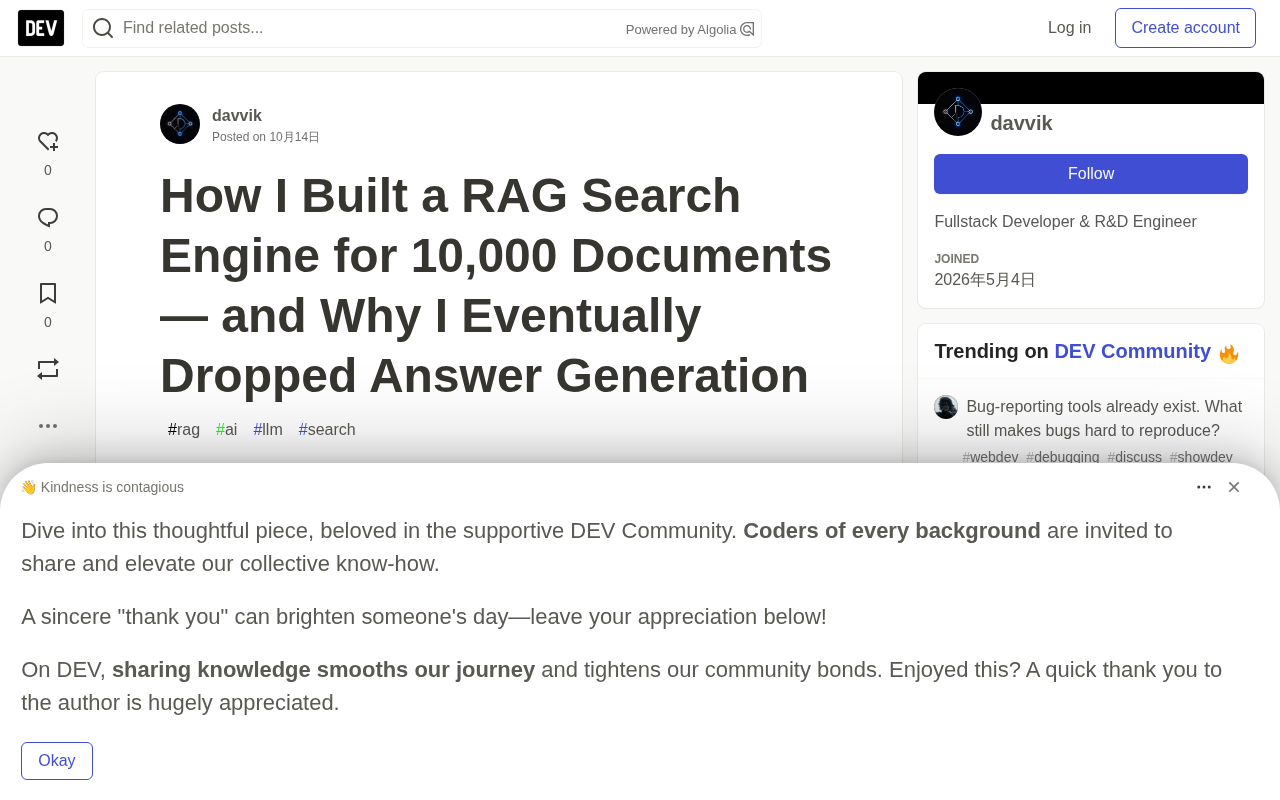 Why I Abandoned Answer Generation After Building a RAG Search Engine for 10,000 Documents