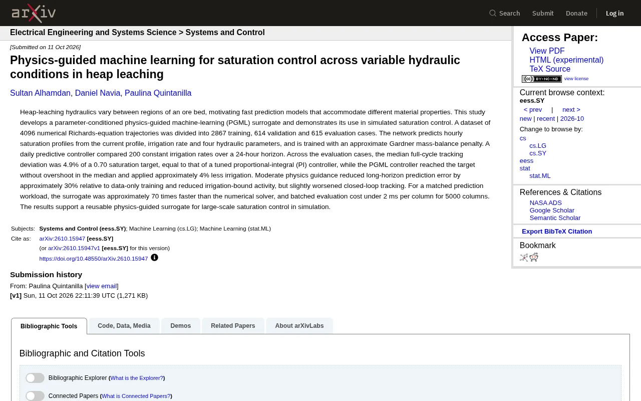 Physics-Guided Machine Learning Enables Precise Heap Leaching Saturation Control
