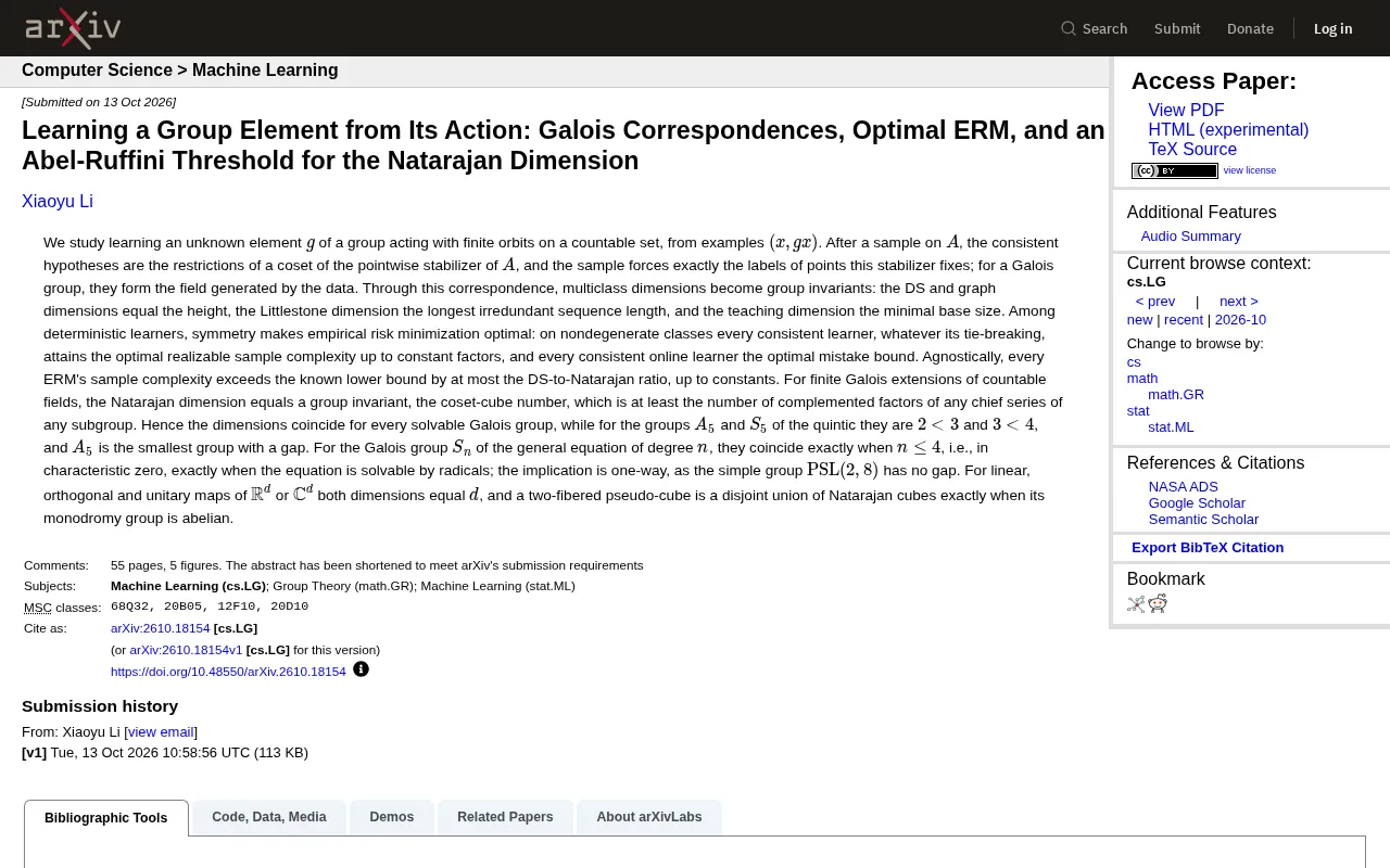 Learning Group Elements from Group Actions: Natarajan Dimension and the Abel-Ruffini Threshold