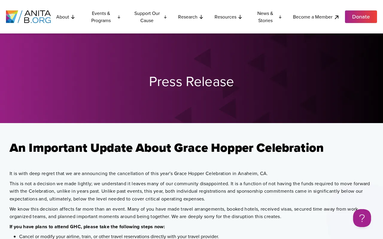 Screenshot of the source reporting the Grace Hopper Celebration cancellation