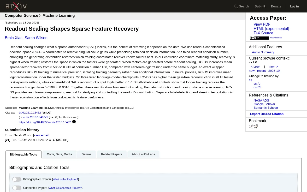 How Does Readout Scaling Affect Sparse Autoencoder Feature Recovery? An Analysis of the RC-DS Method