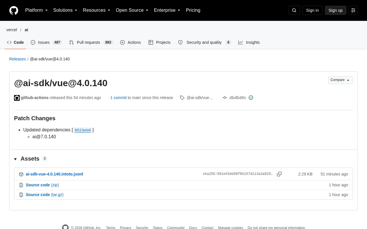 AI SDK Vue 4.0.140 Released: Dependency Synced to ai@7.0.140