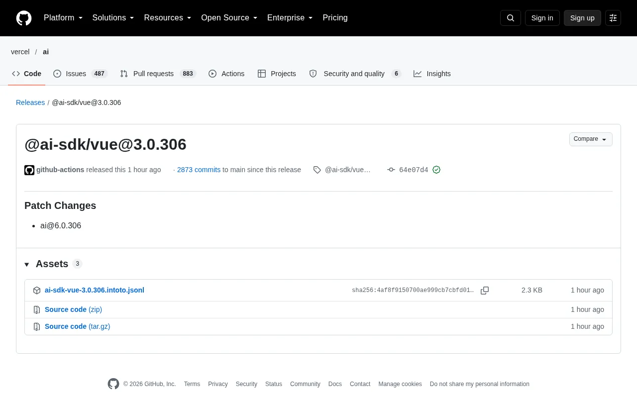 @ai-sdk/vue 3.0.306 Patch Release Syncs with ai@6.0.306 Update