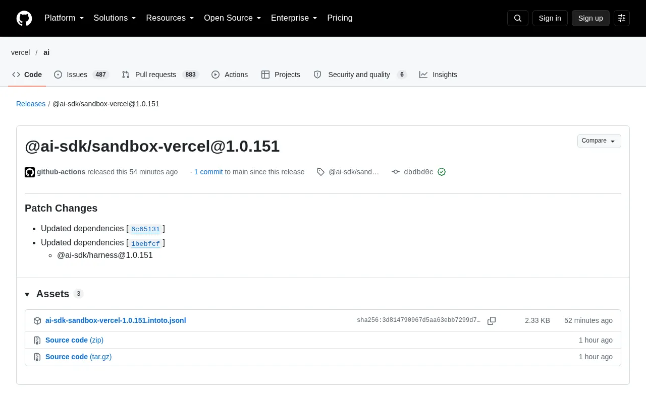 Vercel AI SDK Sandbox Package Releases Version 1.0.151 Update