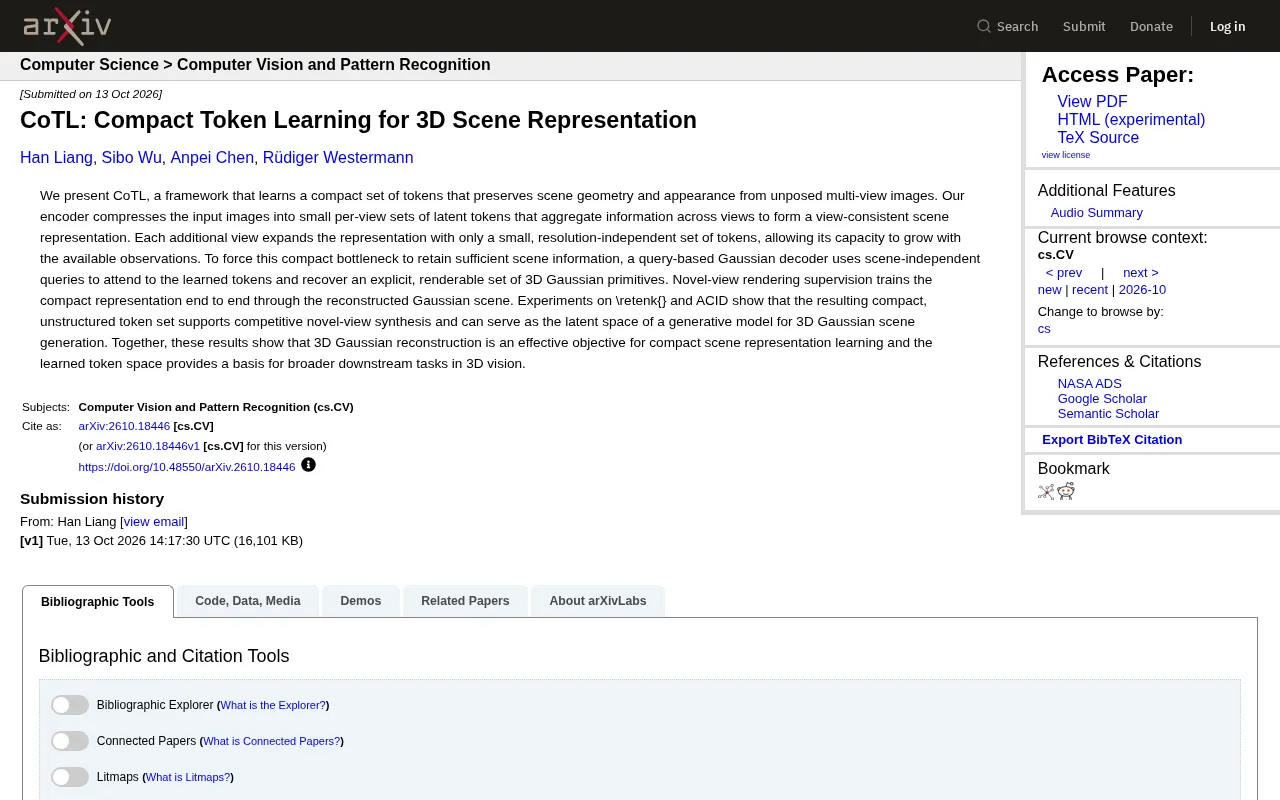 CoTL: Compact Token Learning Reshapes 3D Scene Representation