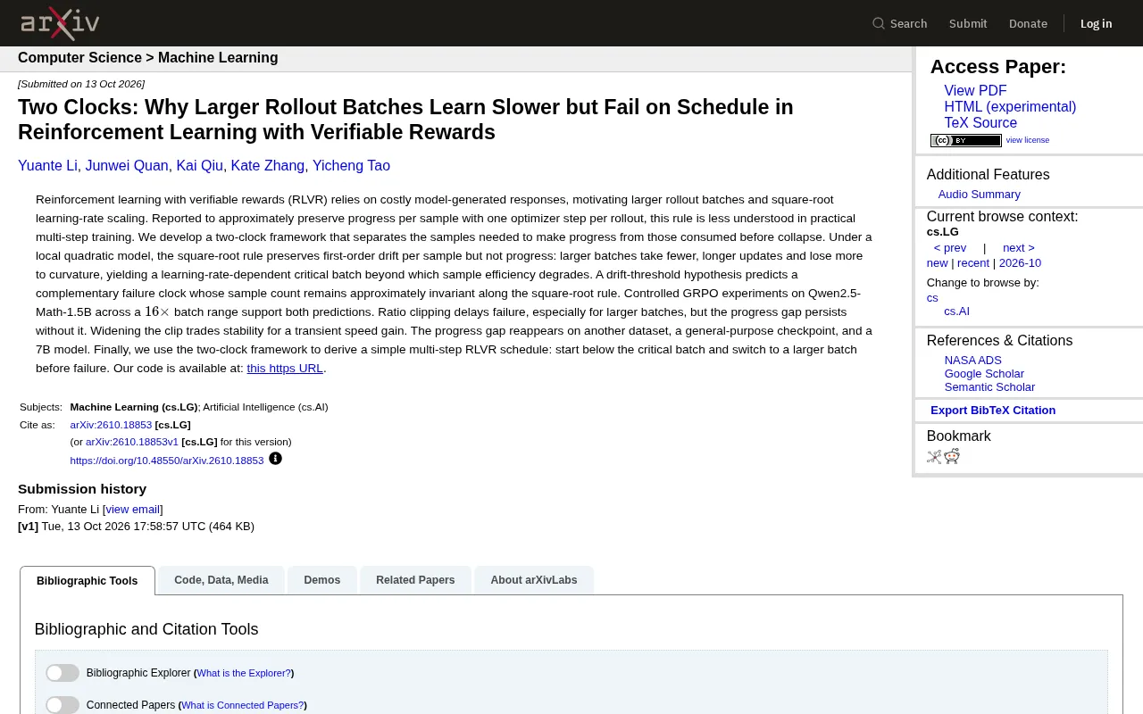 Does a Larger Batch Actually Learn Slower? The RLVR "Two-Clock" Framework Reveals the Truth About Batch Size and Learning Rate Scaling