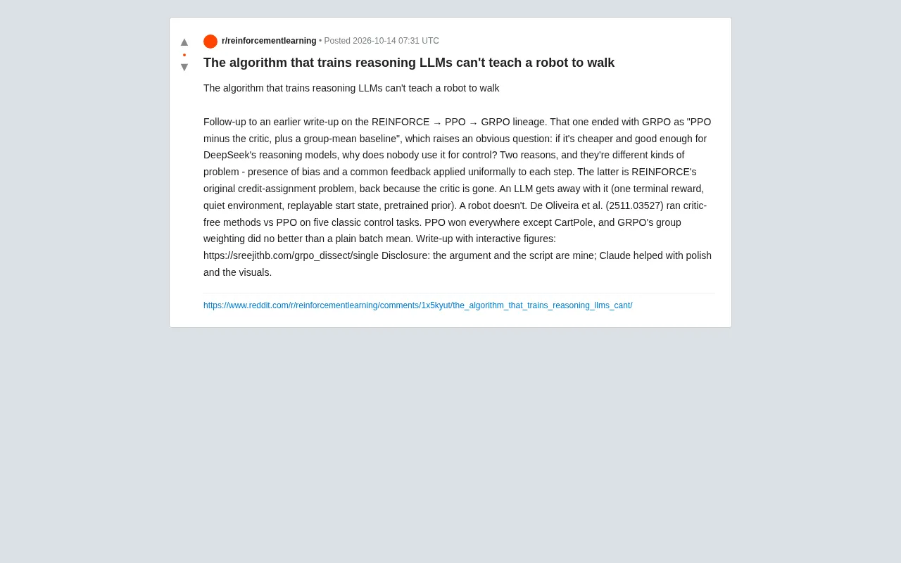Why GRPO Can Train Reasoning LLMs But Can't Teach a Robot to Walk
