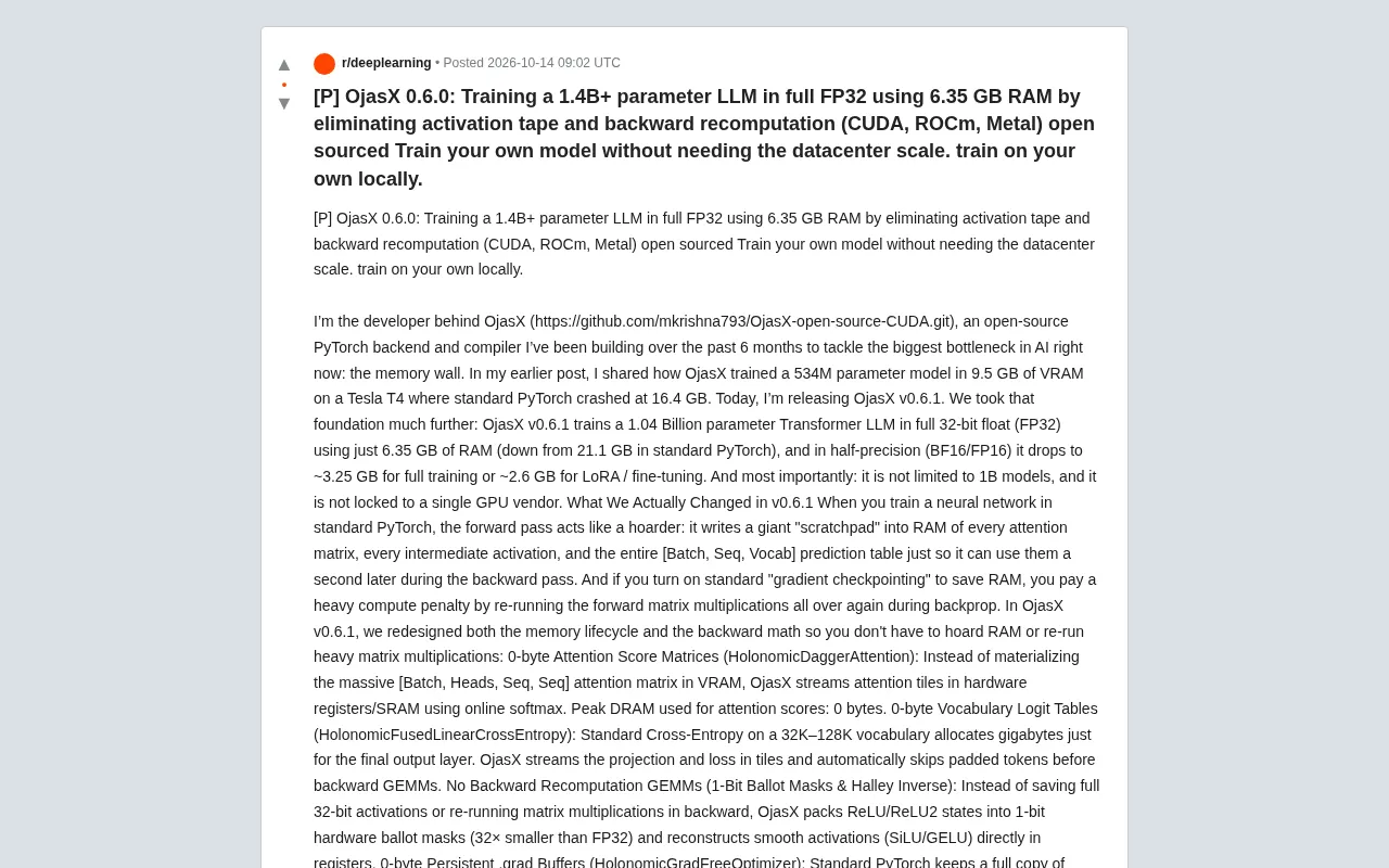 OjasX 0.6.1: Training a 1B-Parameter LLM in 6.35GB of RAM