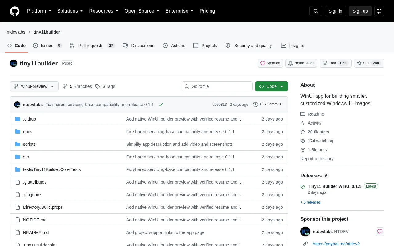 tiny11builder GitHub project page